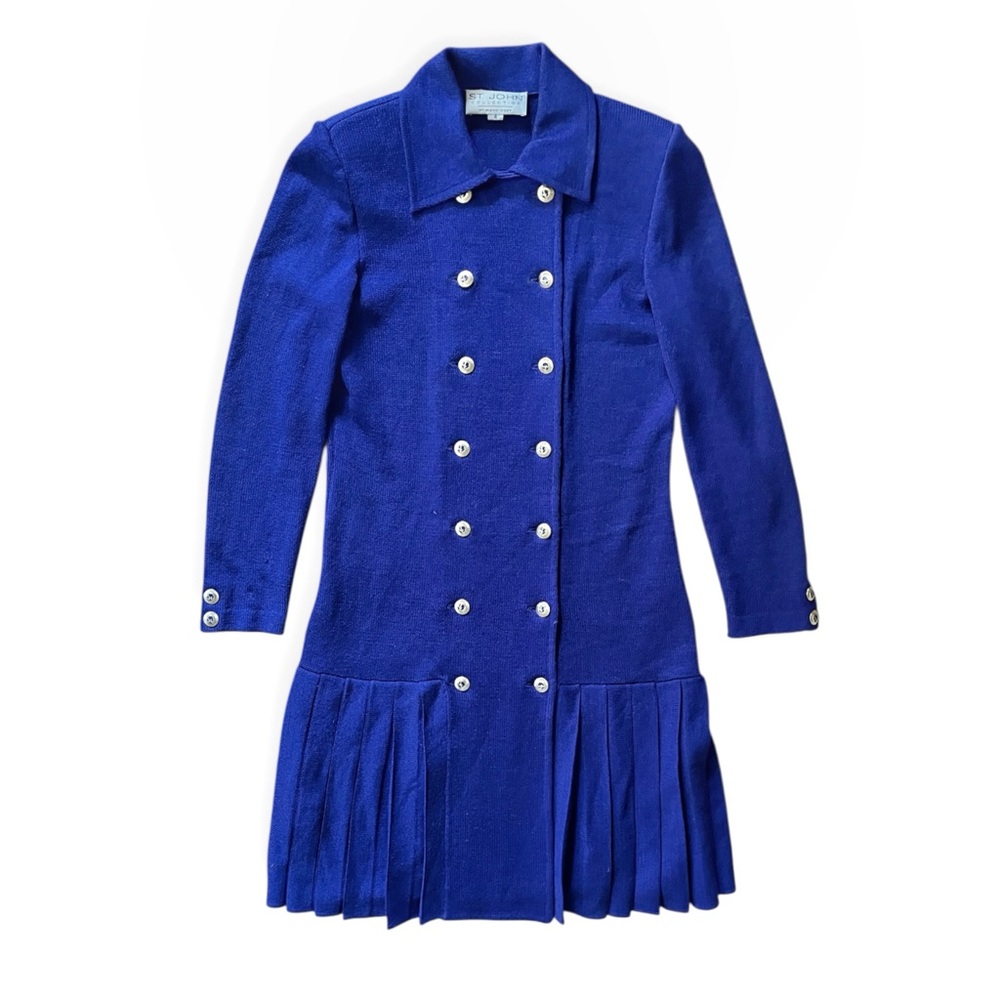 St John by Marie Gray Knit Royal Blue/Purple Double Breasted Pleated Dress, sz 4